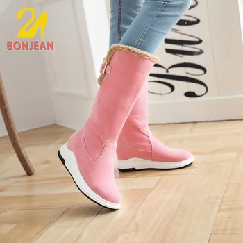 

Bonjean Large Size 43 Warm Winter Snow Boots For Women Solid Color Suede Wedge Heel Australian Boots Pink Brown Mid Carf Boots