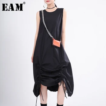 

[EAM] Women Black Pleated Drawstring Long Dress New Round Neck Sleeveless Loose Fit Fashion Tide Spring Summer 2020 1T356