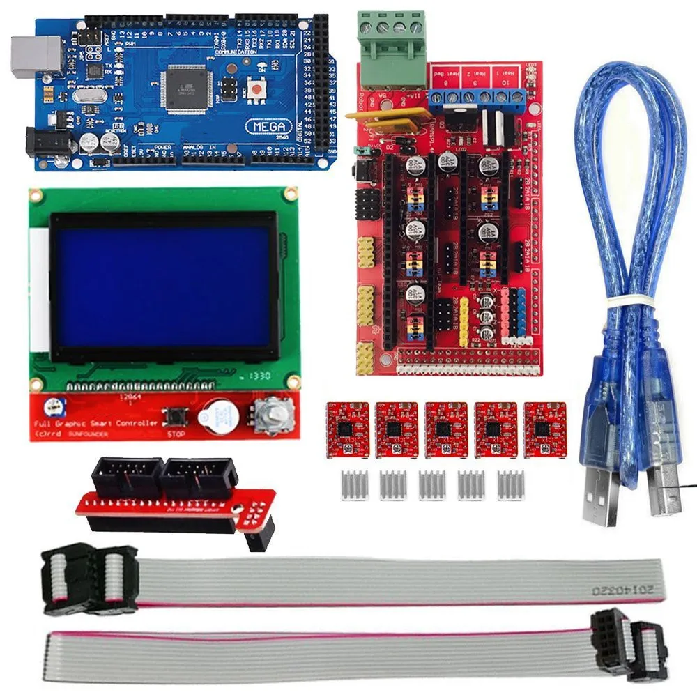 3D Printer Kit with RAMPS 1.4 Controller + Mega 2560 board + 5pcs A4988 Stepper Motor Driver with Heatsink + LCD 12864 Graphic S hp printer printhead 3D Printer Parts & Accessories