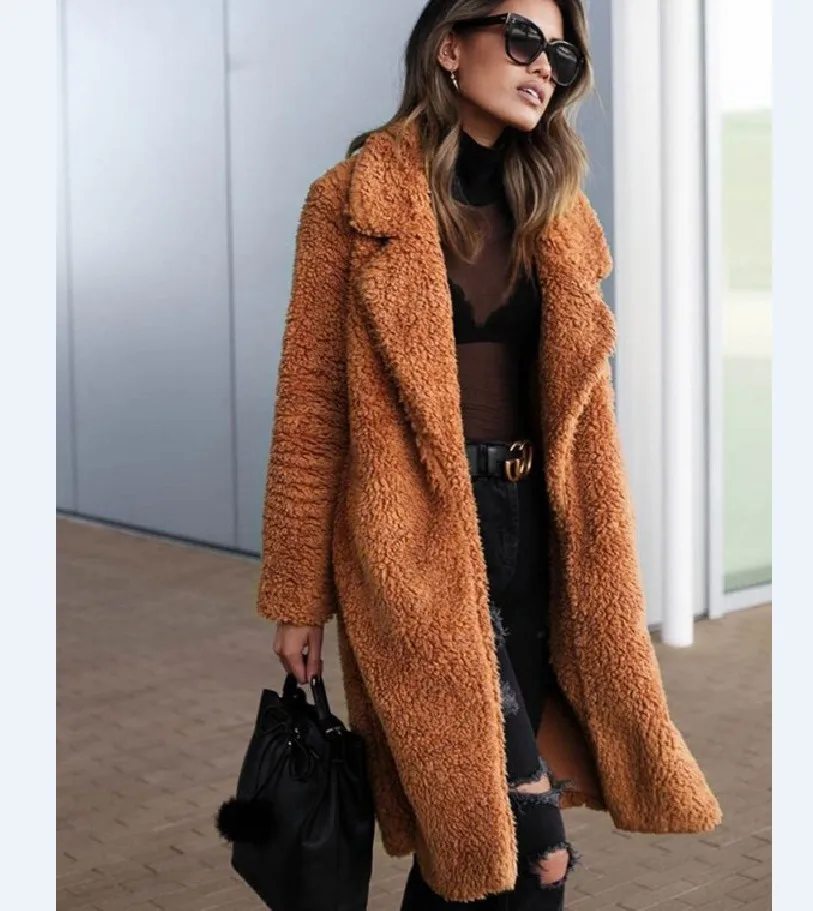 Deep camel Autumn Winter Faux Fur Coat Women Warm Teddy Bear Coat Ladies Fur Jacket Female Teddy Outwear Plush Overcoat Long Coat - Цвет: Deep camel