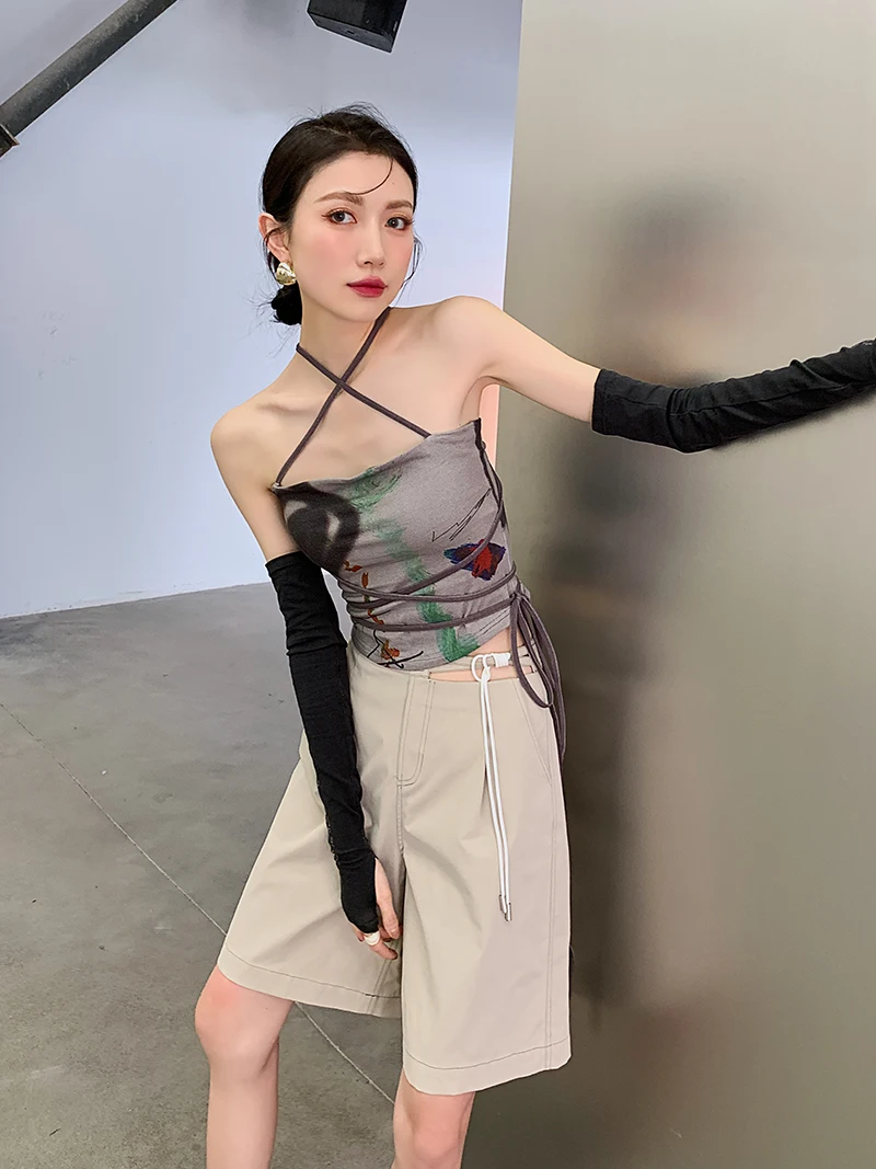 CHEERART Bandage Halter Neck Top Bodycon Backless Strapless Corset Top Women Summer 2021 Print Brown Tube Top Korean Fashion