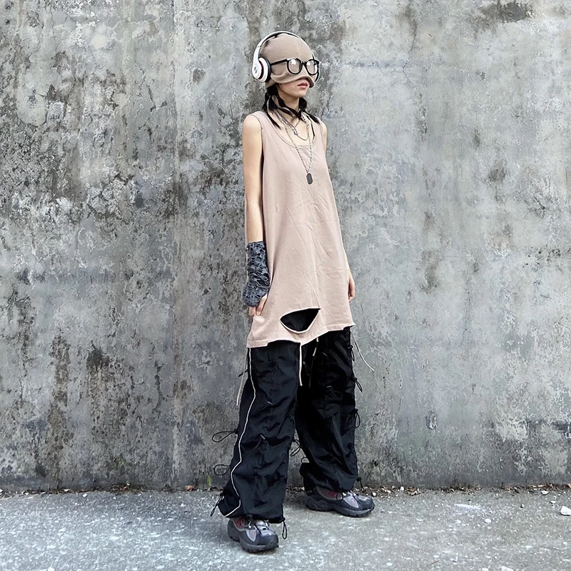 [EAM] High Elastic Waist Green Drawstring Wide Leg Long Trousers New Loose Fit Pants Women Fashion Tide Spring Autumn 2020 1X847