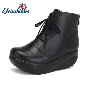

YEINSHAARS Women Blakc Boots Lace Up Genuine Leather Winter Shoes Warm Wedges Platform Swing Shoes Big Size Short Boots