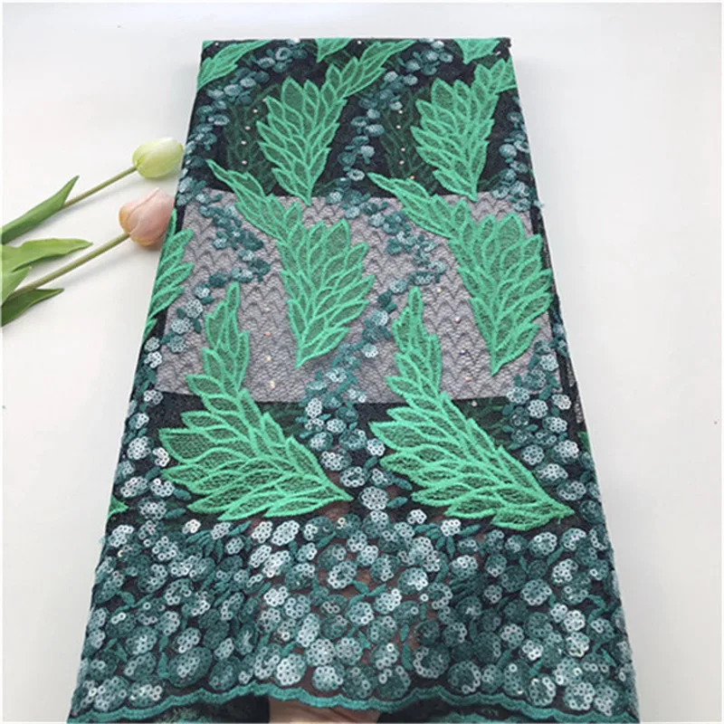 

2019 Latest Green African Organza Lace Fabric High Quaity 3d Sequins Fabric Embroidery Tulle Lace Fabric For African Lace Party