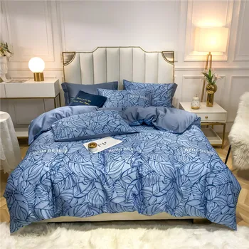 

4pcs Kid Bed Cover Set Duvet Cover Adult Child Bed Sheets And Pillowcases blue lines leaf 60s egyptian cotton bedding set King