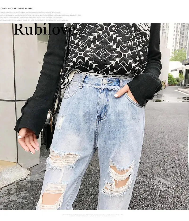 Rubilove Рваные джинсы для Для женщин синее свободное Винтаж Женская мода Для женщин Высокая Талия Новый стиль мешковатые мама джинсы, женские