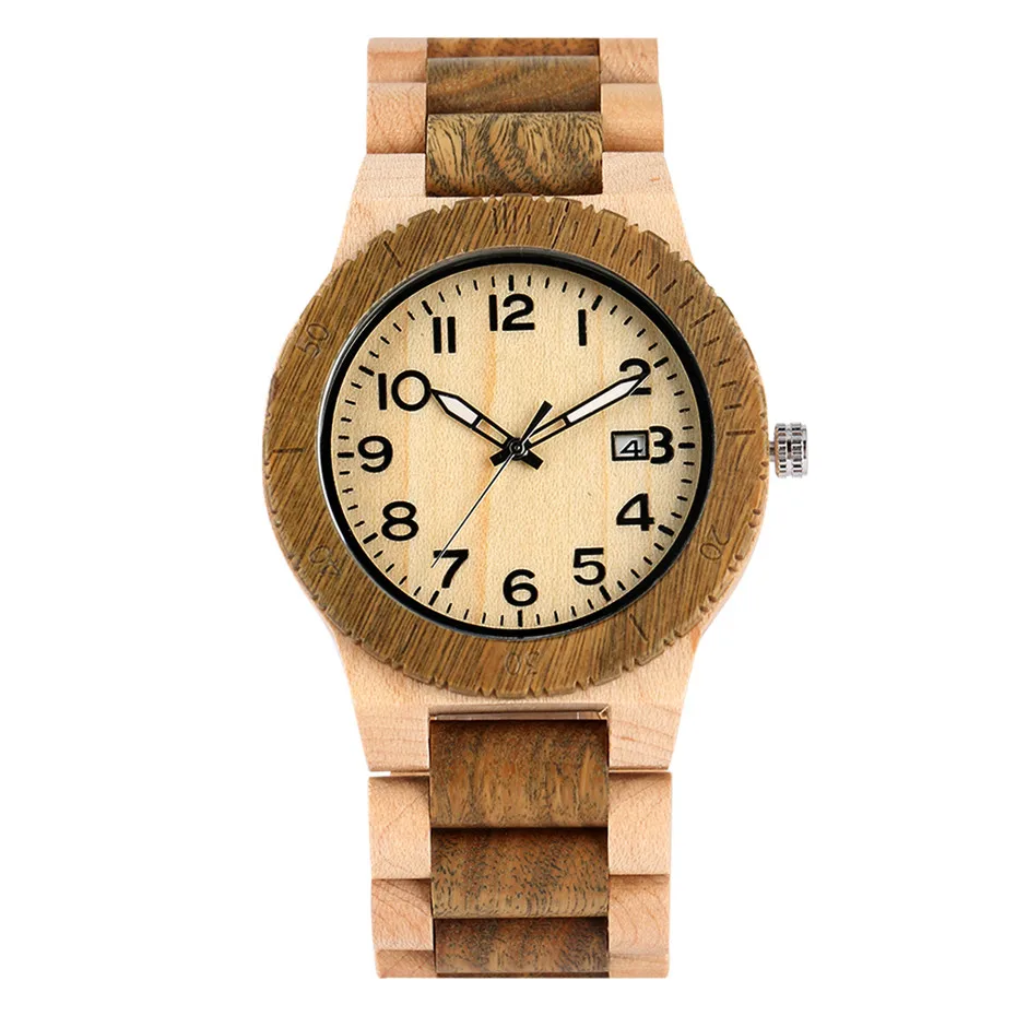 

Full Wooden Men Watch Arabic Numerals Calendar Display Male Quartz Movement Fashion New 2019 Natural Wood Bangle Watch