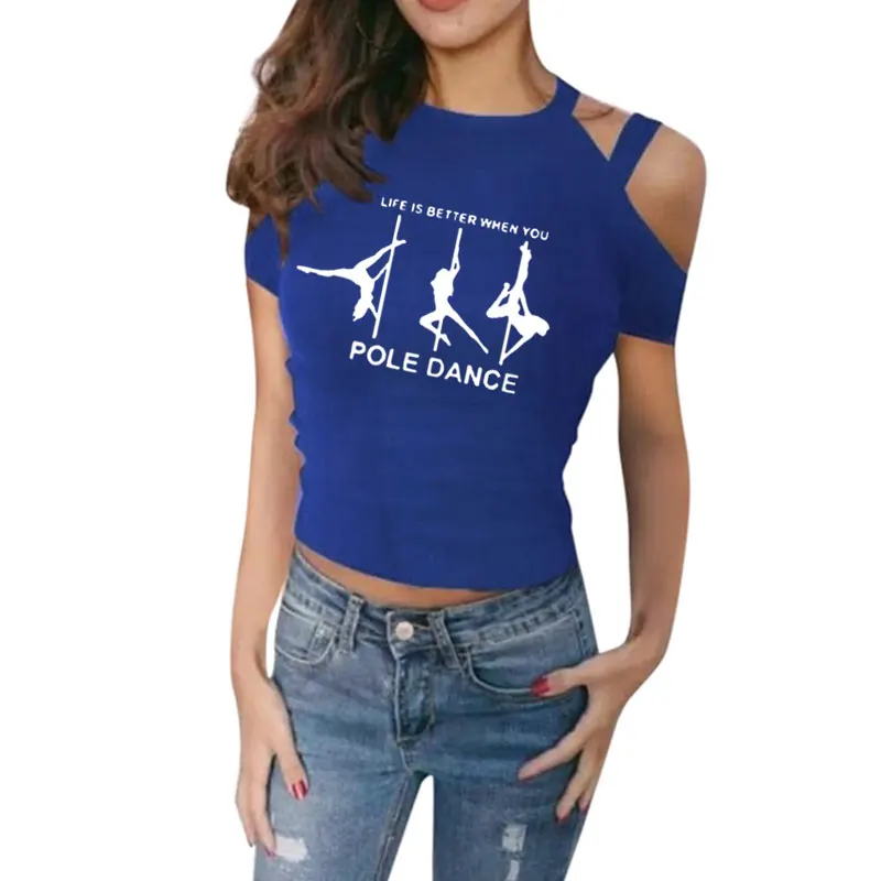 Модная женская футболка для танцев на шесте с открытыми плечами, футболка с коротким рукавом, Женская Повседневная футболка Harajuku, женские топы - Цвет: 6