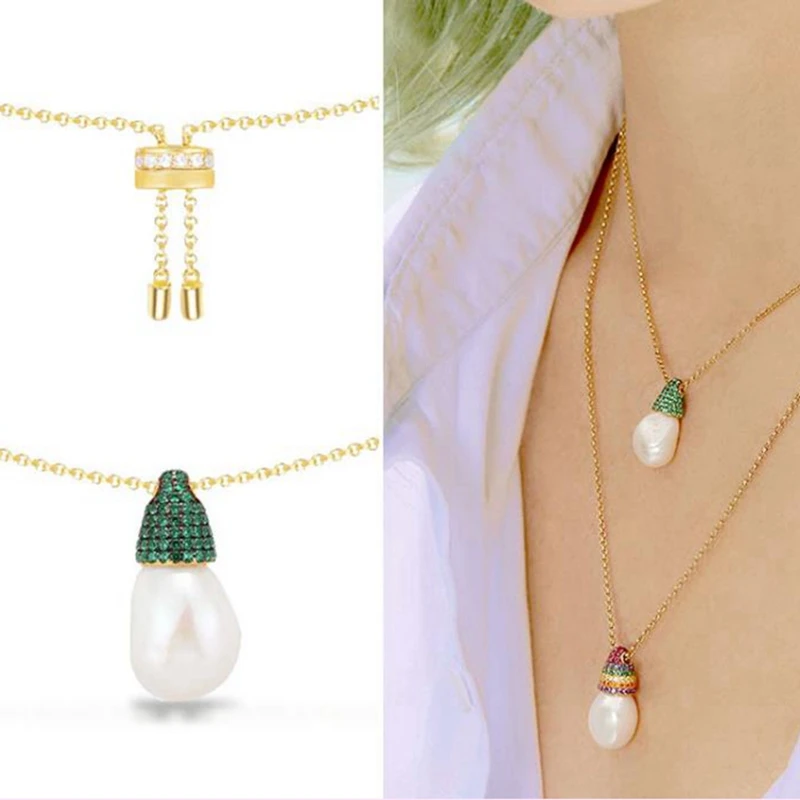 

High Quality Irregular Pearl Charm Necklace Paved Green AAA Zircon Stone Baroque Pearl Adjustable Necklace for Women Party Gift