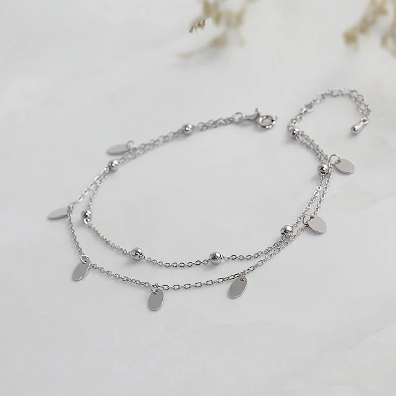 

Jing ju yuan New Style S925 Fine Silver Korean-style Leg Ring Fashion Small Fresh Patches Leaves Light Bead Anklet Double-Line A