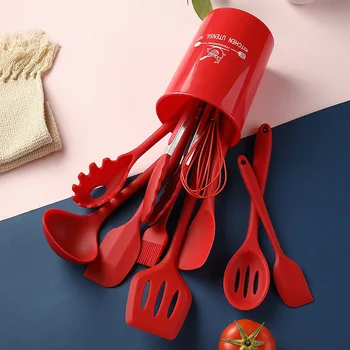 

Silica Gel Kitchen Ware 11 Pieces Silicone Kitchen Ware Cooking Ladel Set with Storage Bucket Creative Kitchenware Kit Set