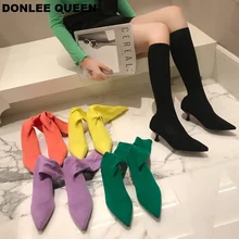 Ботильоны для женщин; ботинки с острым носком; ботинки на тонком каблуке; женская обувь; модные эластичные вязаные вечерние ботинки ярких цветов; mujer