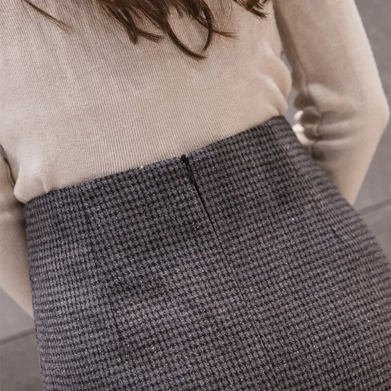 Women's Woolen Fabric Plaid Split Skirt Autumn Winter Female A-line Skirt Vintage High Waist New Knee-length Step Skirts ML268