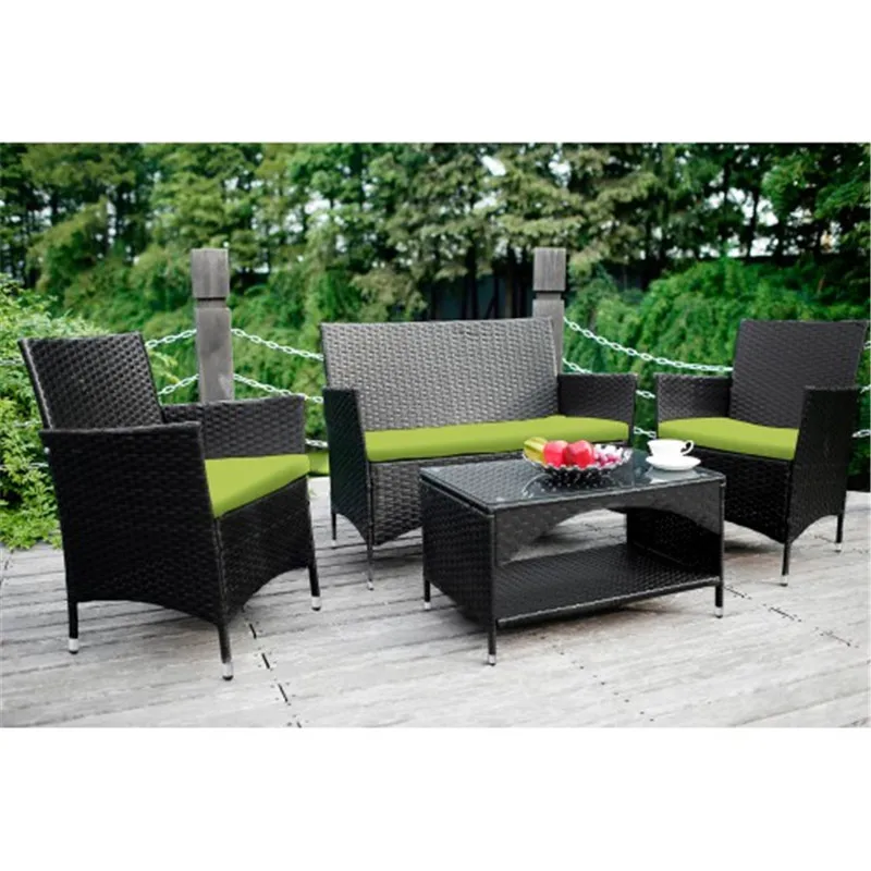 

4 PCS Modern Patio Furniture Outdoor Garden Conversation Wicker Sofa Set, Green Cushions