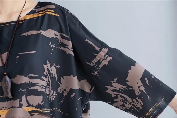 Большие размеры 4XL, весна-осень, женские модные элегантные топы с принтом, женские топы, большие размеры, 3/4 рукав, длинное хлопковое льняное Повседневное платье