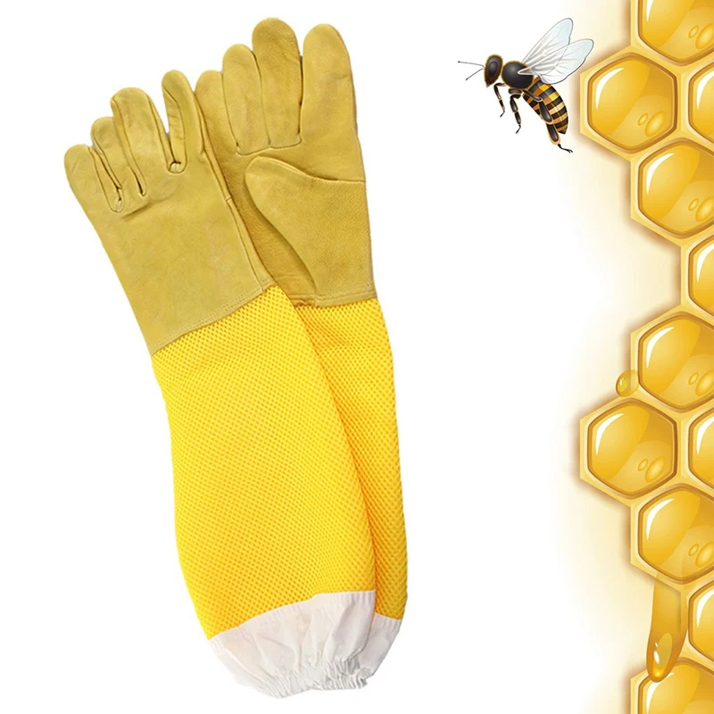 

Yellow Long Net Sheepskin Gloves For Beekeeping-XL