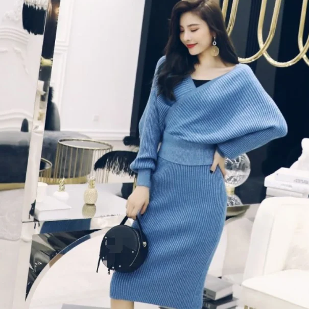 Осенний шикарный вязаный женский комплект 2 шт. свитер с рукавом-фонариком и