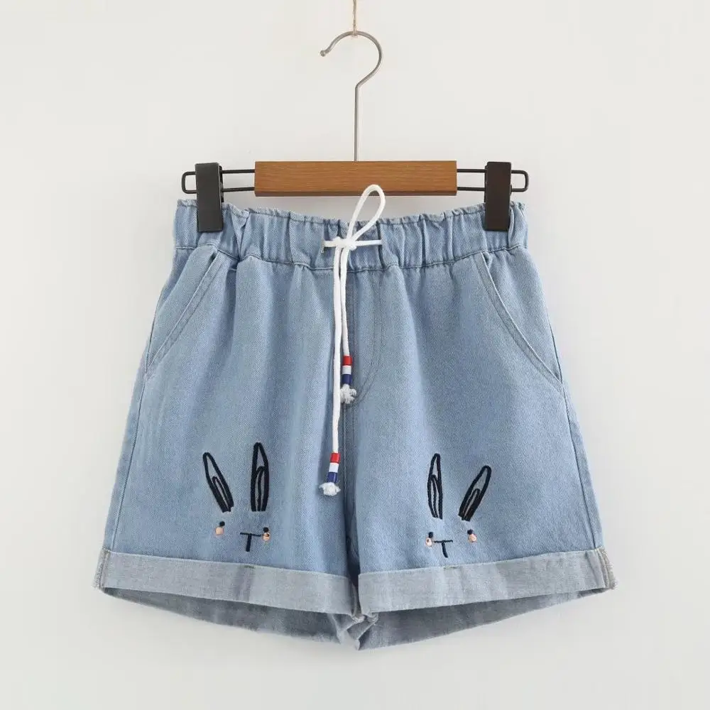 Sweet Rabbit Embroidery Women's Denim Shorts Casual Mini Elastic Empire Waist Ruffles Girl Students Jeans | Женская одежда