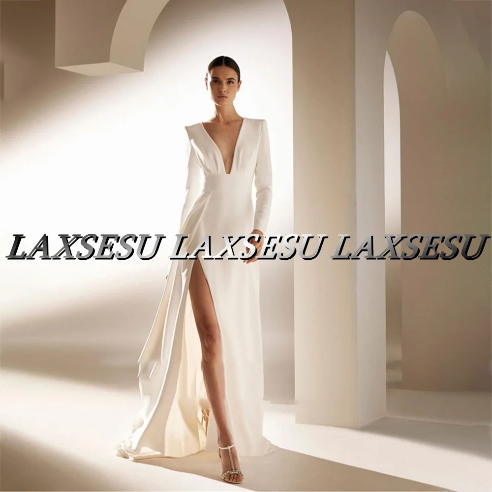 Laxsesu Simple Evening Dresses White Soft Satin Long Sleeves V Neck Side Slit Formal Prom Dress Party Gowns 2022 Plus Size evening dresses for women