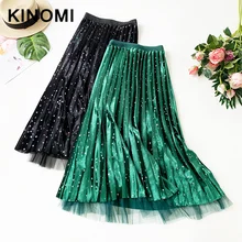 KINOMI Весенняя новинка, плиссированные юбки в сеточку, винтажный принт со звездой, вельветовые длинные юбки, женские корейские OL стильные многослойные юбки