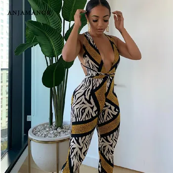 

ANJAMANOR Animal Print Sexy Tight One Piece Outfit Jumpsuit for Women Zebra Snake Halter Open Back Nightclub Rompers D91-AD86