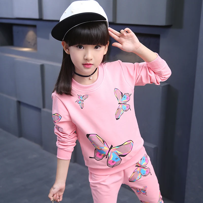 Pink Butterfly Комплекты одежды для девочек осенне-зимний детский костюм из толстовки с длинными рукавами и штанов верхняя одежда для девочек, комплект одежды для детей 5, 7, 8, 9, 10, 12 лет - Цвет: Pink Butterfly