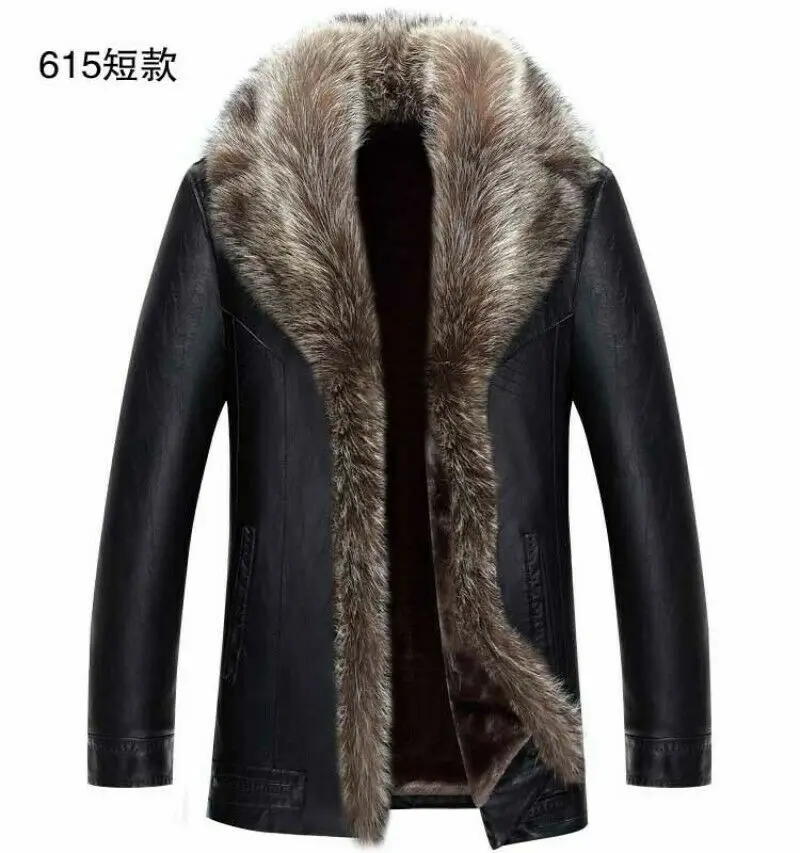 

New Winter Men's Fox Fur Collar Wool Lining Sheepskin Leather Overcoat Jacket Coat