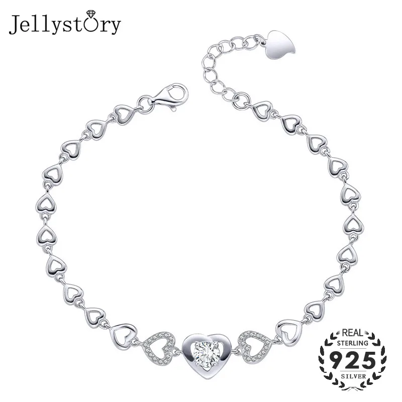 

Jellystory Trendy 925 Silver Bracelet with Heart-shape Zircon Gemstone for Women Jewelry Wedding Engagement Party Gift Bracelets