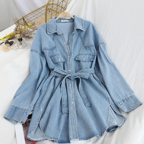 light blue Джинсовая рубашка средней длины, пальто, модная весенняя женская синяя джинсовая рубашка с отворотом, Свободный кардиган, блузка, джинсовые Блузы для студентов - Цвет: light blue