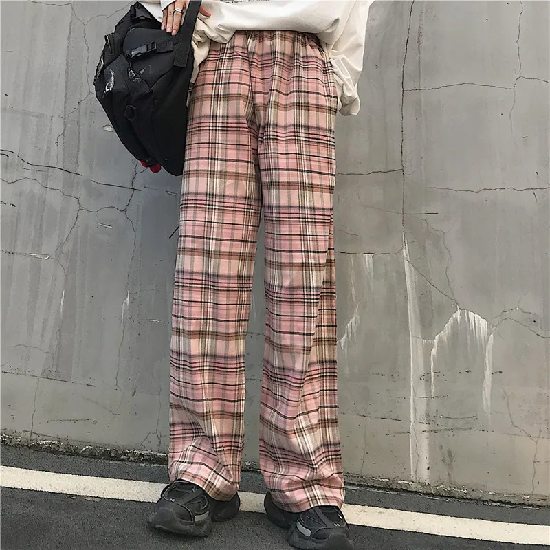 Океанlove Harajuku клетчатые осенние тонкие свободные брюки женские розовые длинные брюки уличная BF Стиль Pantalones Mujer 12760 - Цвет: pink plaid