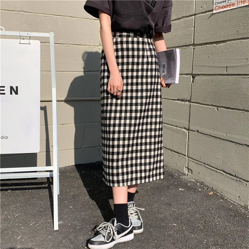 

Korean Fashion Plaid Skirts Womens 2023 Brown High Waist Harajuku Long Skirts Y2k Casual Commute Clothes Kawaii Plaid Streetwear
