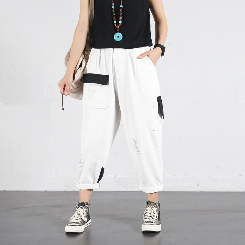 

Women Ripped Jeans Vintage Cargo Pants Loose Knee Cut Hole Casual Denim Trousers Distressed Plus size White Spring Summer Autumn