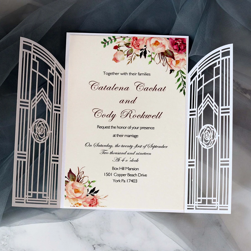  10pcs Creative European Style Wedding Invitation Cover Rose Flower Left and Right Open Openwork Fen - 4000509268742