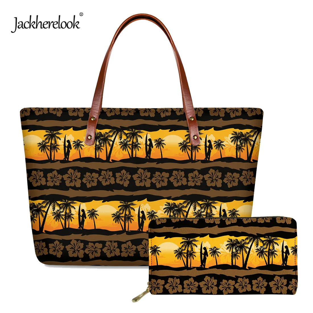 

Jackherelook Palm Tree Hibiscus Design Women Shoulder Bag Clutch Wallet 2pcs/Set Long Section Phone Case Female Tote Bag Purse