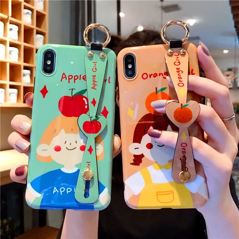 

Fruits cartoon girl Case for iPhone 8 7 6 6S Plus Phone Case loving heart Wrist Strap Bracket Cover for iPhone XR X XS Max Case