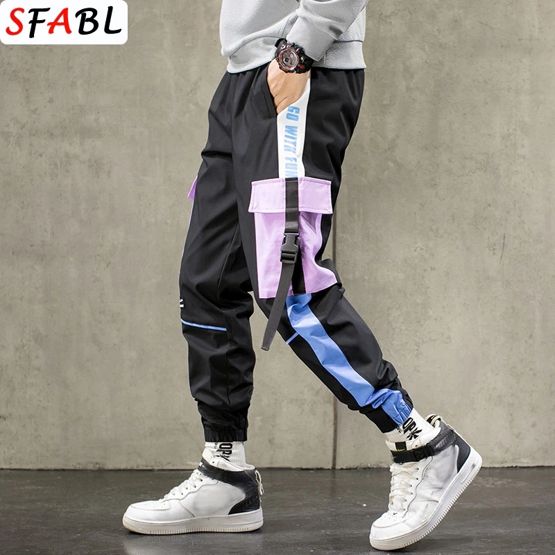 Mens Pants Trousers Ribbons Cargo Casual Joggers Streetwear Black Fashion Male Hip-Hop