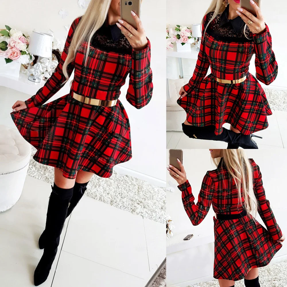 

Christmas Dress For Women 2020 Winter Xmas Red Plaid Dress Long Sleeve Scottish Plaid Slim Dress Plaid Mini Party Dresses D30