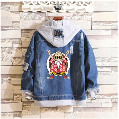 fashion brand Dragon Ball Master Roshi Hoodie Anime men women Cowboy Fake Two Pieces Sweatshirt Hole Denim Jacket Coats - Цвет: 4