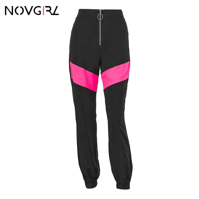 Novgirl/женские брюки-карго на молнии с высокой талией; коллекция года; модные неоновые зеленые мешковатые Джоггеры в стиле пэчворк; брюки для девочек; уличная одежда; свободные брюки - Цвет: Черный