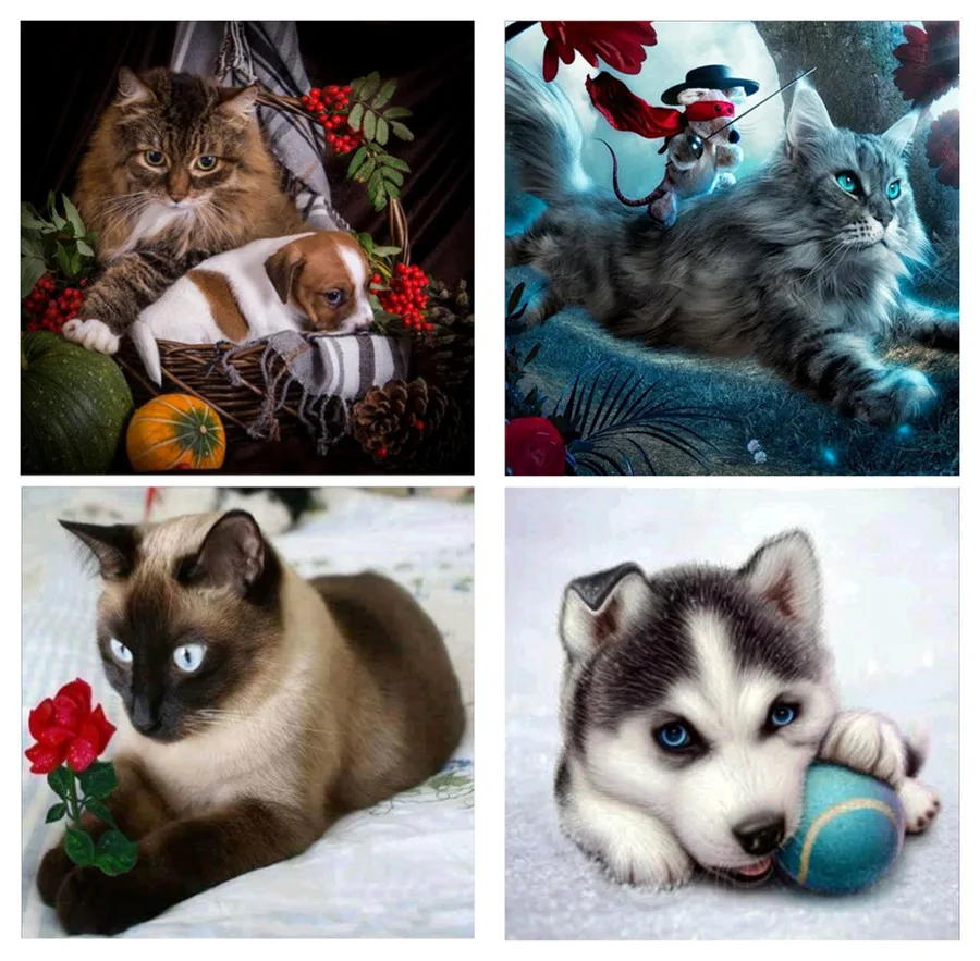 5D DIY Diamond Painting Dog and Cat Animal Cross Stitch Home Decor | Дом и сад