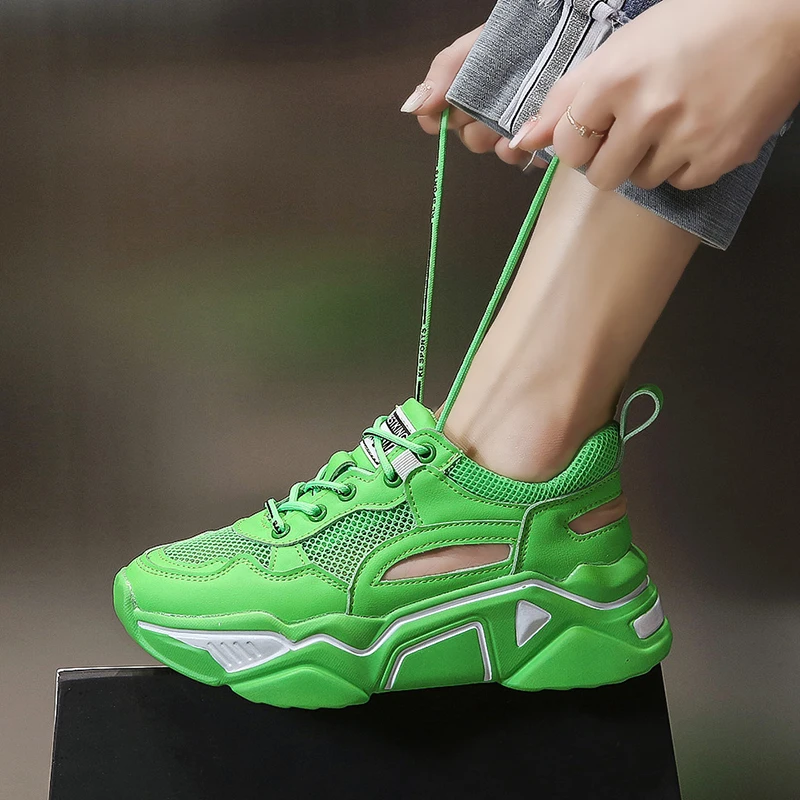 

hi-street women summer breathable sneakers high platform comfortable air mesh casual shoes woman fashion green flats 2019