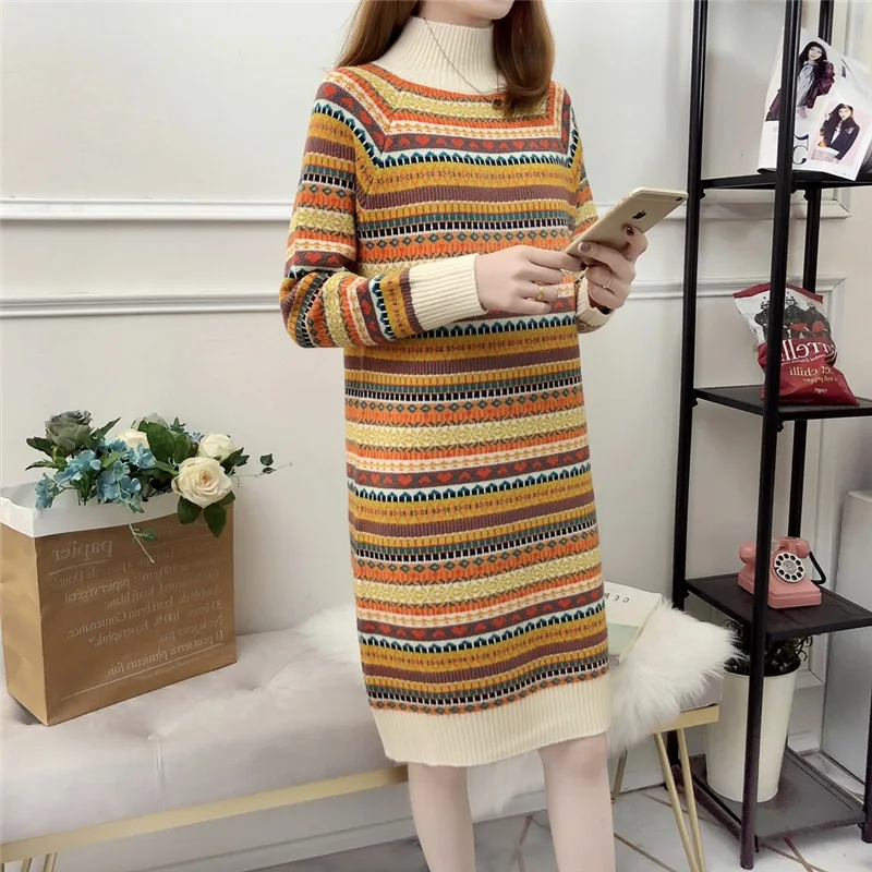 

2019 Autumn & Winter Laziness-Style Half-Turtle-Neck Sweater WOMEN'S Dress Pullover Base Mid-length Stripes Sweater Skirt Sweate