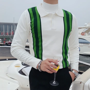 

Autumn Men Lapel Long Sleeve Casual Polo Shirt Blue Black 2021 Contrast Color Striped Knitted Polo Shirt Men Polera Hombre Polo