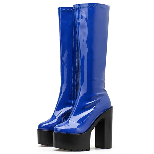 blue shoes Gdgydh/осенне-зимние черные сапоги из лакированной кожи женские сапоги до середины икры на платформе и высоком каблуке с молнией, Прямая - Цвет: blue shoes