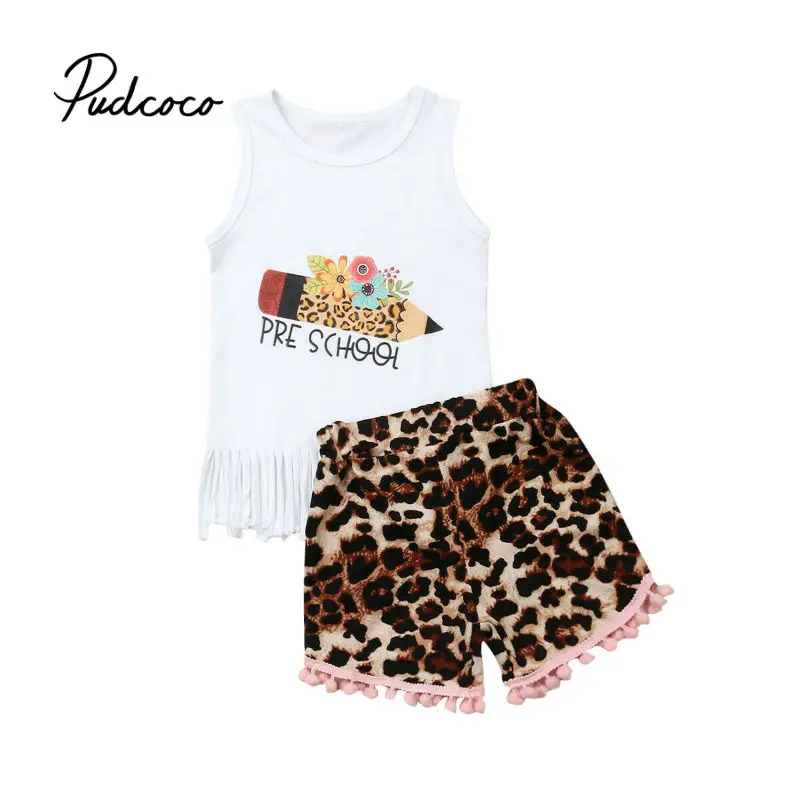 

Summer Autumn Children Suits kids Tassel Pen Pattern Clothing Set Girls Shcool Tank Tops t-shirt+Leopard pants Shorts 6M-4 Years
