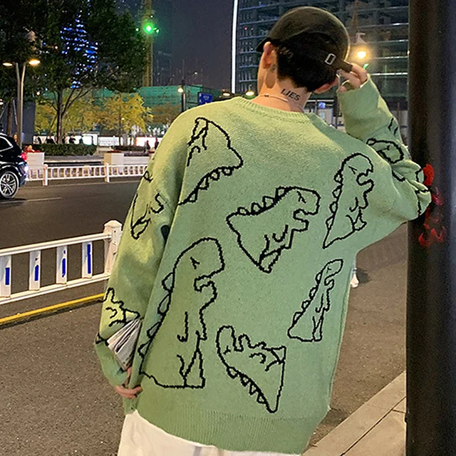 Oversize Sweater Women 2021 Y2K Autumn Winter Sweater Couple Dinosaur Loose Pullovers 90s Green Long Sleeve Knitted Jumper Women green