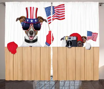 

4th of July Curtains 2 Funny Dogs Watching The Parade with Flags Taking Photos Behind The Fences Living Room Bedroom Window Drap