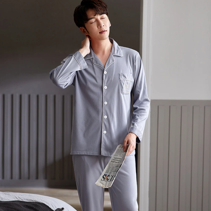 Men Pyjama Set 100% Cotton Spring Long Sleeve Print Men Pajama Suit Autumn Nightwear Collar Pijama Male Sleepwear Two Piece XXXL mens short pjs Pajama Sets