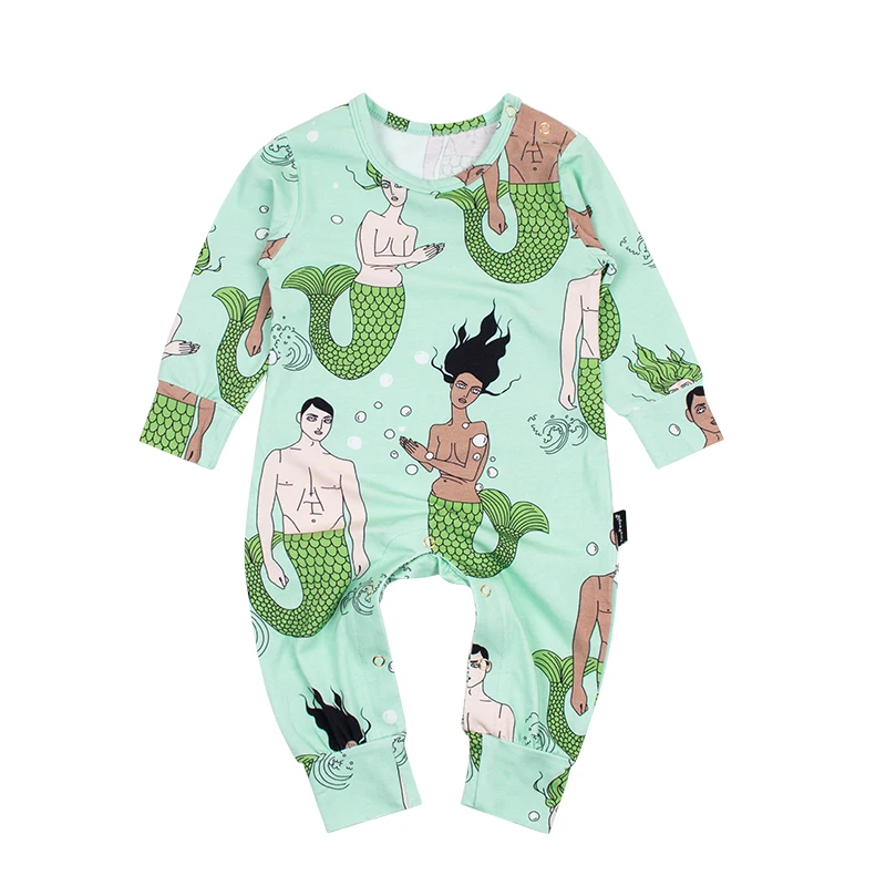 TinyPeople Baby Rompers Cotton Spring Newborn Boys onesie Girls Clothes Infant Baby Clothing Long Sleeve Jumpsuits free shipping - Color: Green mermaid