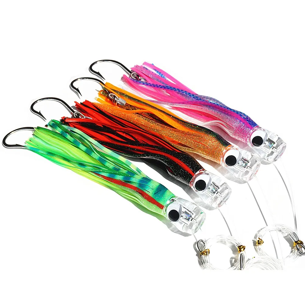

Fishing Lure Set of 4 Trolling Tuna Skirt Lures,9 Inch Fishing Saltwater Lures Rigged Hooks Big Game Fishing Lures